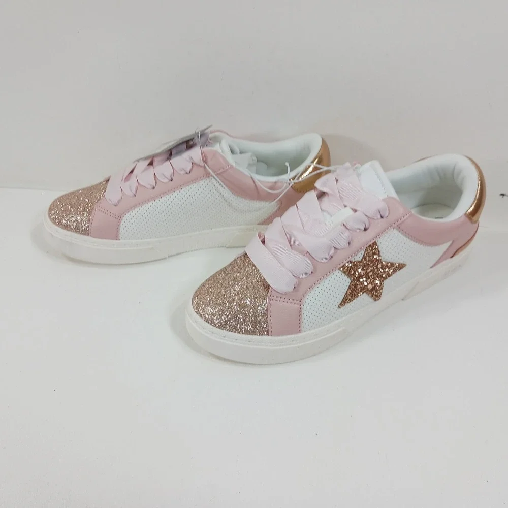 Art Class Kaitlyn Pink White Glitter Star Ribbon Lace Sneakers Girls Size 5 NEW